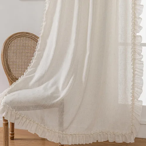 Vista 5 de TERLYTEX Cortinas de encaje de lino de 96 pulgadas de largo 2 paneles, 42 x 96 pulgadas, cortinas con volantes estilo granja para sala con bolsillo