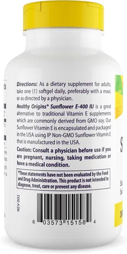 Vista 2 de Healthy Origins Vitamina E, 400 UI de girasol (Sun E 900) - Suplemento de vitamina E - Vitaminas para el cabello, la piel y las uñas - Suplemento