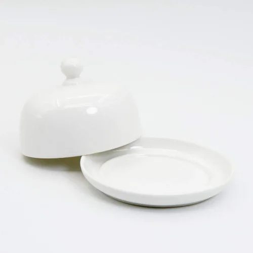 Vista 5 de NAGU Mini plato de mantequilla ovalado con tapa, plato de queso blanco con forma de procelain abovedado con asa, bandeja de mantequilla pequeña