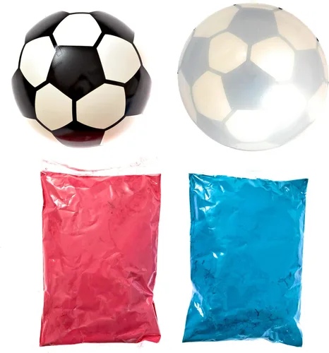 Vista 3 de Balón de fútbol con polvo para revelación de género, kit de pelotas de fútbol explosivas, incluye paquetes de color rosa y azul + carcasa de pelota
