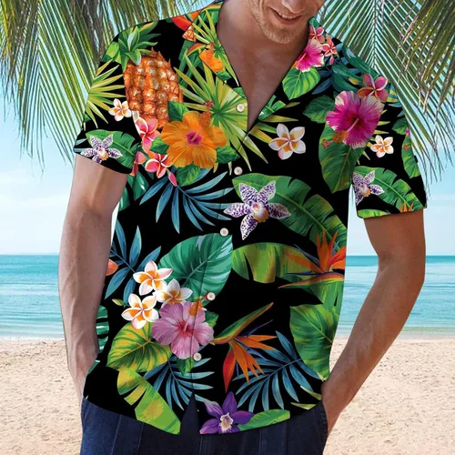 Vista 2 de Camisas de manga larga hawaianas sueltas casuales con estampado corto de solapa para playa, ropa de verano