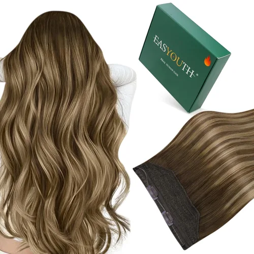 Vista 122 de Easyouth Extensión de cabello humano rubio con cola de caballo, extensiones de cabello humano rubio dorado con reflejos rubios, extensiones