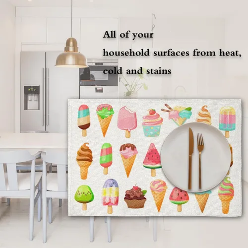 Vista 7 de Juego de 4 manteles individuales con diseño de helado de comida, lavables, impermeables, para decoración de mesa de comedor, 18 x 12 pulgadas