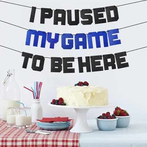 Vista 4 de Cartel con texto en inglés «I Paused My Game To Be Here» con texto en inglés «I Paused My Game To Be Here», decoración azul para fiestas