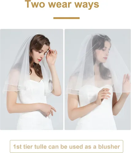 Vista 3 de Velo de novia de boda con peine de 2 niveles de corte de borde de codo de longitud de dedo blanco marfil
