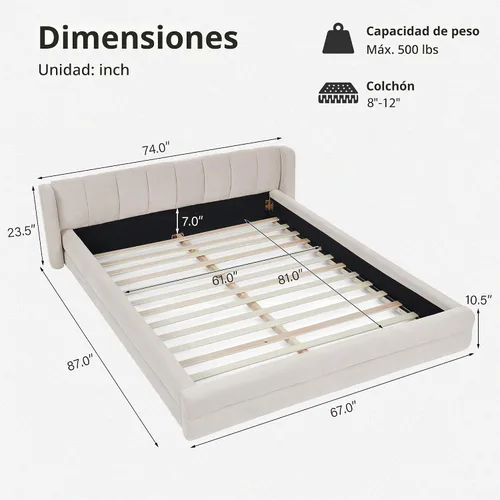 Vista 2 de Marco de cama tamaño Queen con cabecero suave tipo nube, base de cama de madera con tapizado de chenilla, no necesita somier - Beige Marco de cama