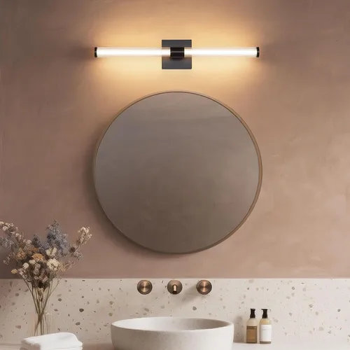 Vista 6 de Tubicen Luz de tocador lineal negra vertical LED luz de pared 360° iluminación completa 12W Horizontal baño tubo barra luz sobre espejo 25 pulgadas