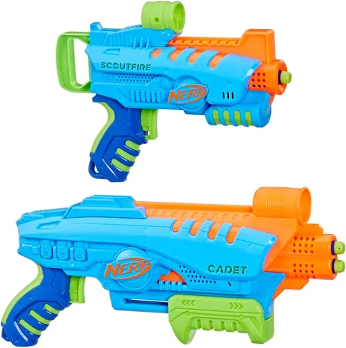 Vista 2 de Nerf Elite Jr Ultimate Starter Set, 2 lanzadores de espuma de juguete fáciles de jugar, 15 dardos Nerf Elite, 2 objetivos, juegos al aire libre