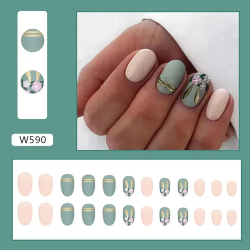 Vista 4 de Uñas postizas cortas ovaladas a presión, con forma de ataúd, reutilizables, uñas postizas adhesivas con línea dorada con purpurina y diseño