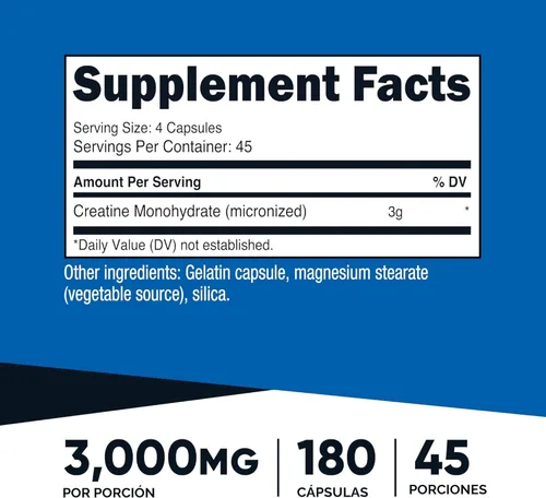Vista 2 de Nutricost Monohidrato de creatina 3,000 mg, 180 cápsulas (750 mg por cápsula) Sin gluten, sin OMG