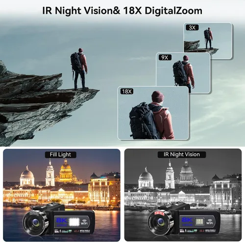 Vista 4 de Cámara de video, videocámara 8K de 48 megapíxeles para vlogging de YouTube con zoom digital 18X, pantalla táctil de 3” con WiFi, micrófono externo