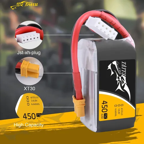 Vista 3 de TATTU Batería LiPo de 14.8V 450mAh 75C 4S con enchufe XT30 para multirotor FPV 150