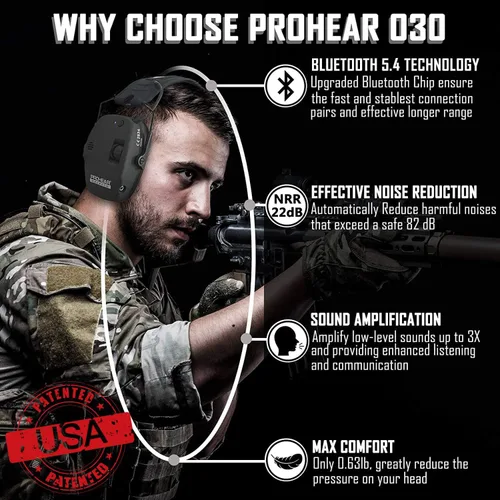 Vista 2 de PROHEAR 030 Paquete de 2 Orejeras de protección auditiva electrónica Bluetooth 5.4 para tiro con almohadillas de espuma - Negro