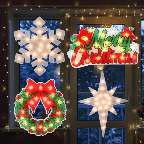 Vista 6 de 4 piezas de decoración de silueta de ventana de Navidad iluminada, estrella de Belén, feliz Navidad, copo de nieve, corona para ventana, decoración