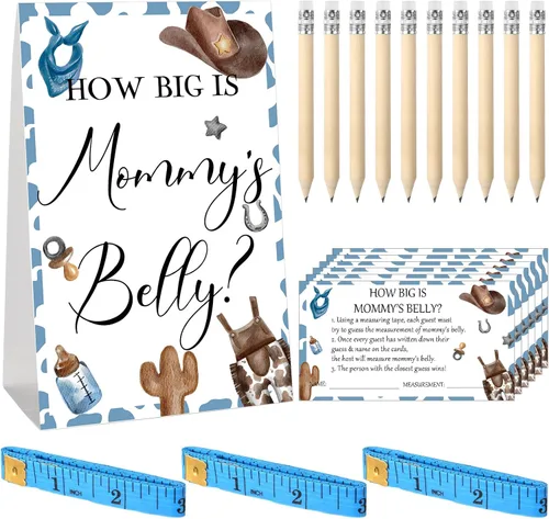 Vista 68 de Sabary 64 Piezas Juegos de Baby Shower Incluyen Letrero How Big is Mommy's Belly Sign Measure Bump Game 50 Tarjetas 10 Lápices 3 Cintas Métricas