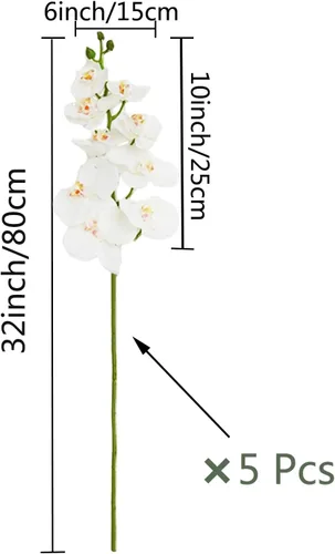 Vista 2 de HinyoCo 5 piezas de flores artificiales de orquídea, flores artificiales de Phalaenopsis de 32 pulgadas para decoración del hogar y boda (blanco)