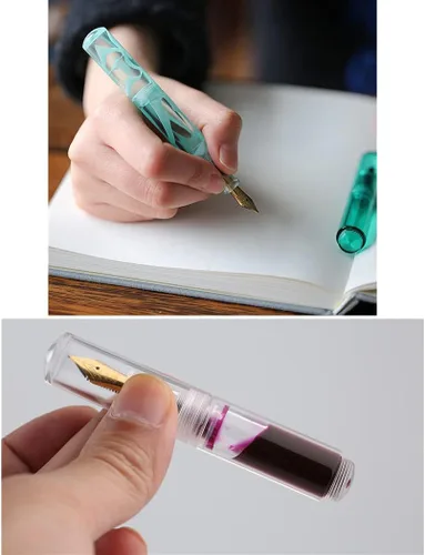 Vista 7 de Mini pluma estilográfica acrílica de resina fina pluma de bolsillo de viaje, juego de estuche para bolígrafo de escritura, llenado de botellas