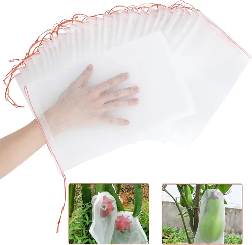 Vista 10 de Kikhope 100 bolsas de protección de frutas, bolsas de red de jardín de 6 x 4 pulgadas con cordón, bolsas de red de frutas, bolsas de barrera de red