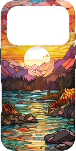Vista 30 de iPhone 16 Sunset Stained Glass Mosaic Landscape Scene Case