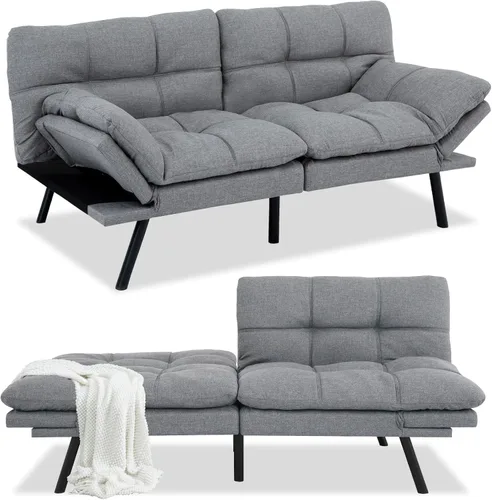 Vista 9 de Futón convertible de piel sintética negra, sofá cama plegable de espuma viscoelástica, sofá biplaza ajustable, futón para sala de estar