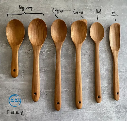 Vista 4 de FAAY Cuchara grande de 12 pulgadas, cabeza ancha, fácil para cocinar y servir. Hecho a mano de madera de teca dorada de alta resistencia a