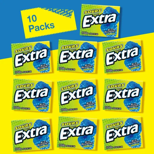 Vista 5 de EXTRA SOURS Chicle Sin Azúcar de Frambuesa Azul Dulce Agrio Chicle de Fruta, Paquete de 15 Barras, 10