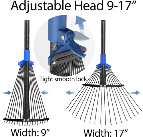 Vista 3 de Rastrillo de Hojas de Metal Ajustable con Mango Largo, Rastrillos de Jardín para Césped de Servicio Pesado con Cabeza Expandible de 8-17", Rastrillo