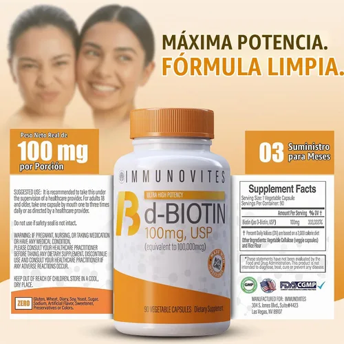 Vista 7 de IMMUNOVITES Biotina de dosis alta (como d-biotina, USP) 100mg (equivalente a 100,000mcg) 90 cápsulas, alta potencia