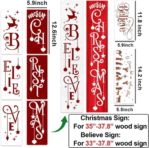 Vista 2 de Plantillas navideñas para pintar en madera, porche, plantilla navideña grande Believe Xmas Holiday para felpudos, cristal de ventanas, telas