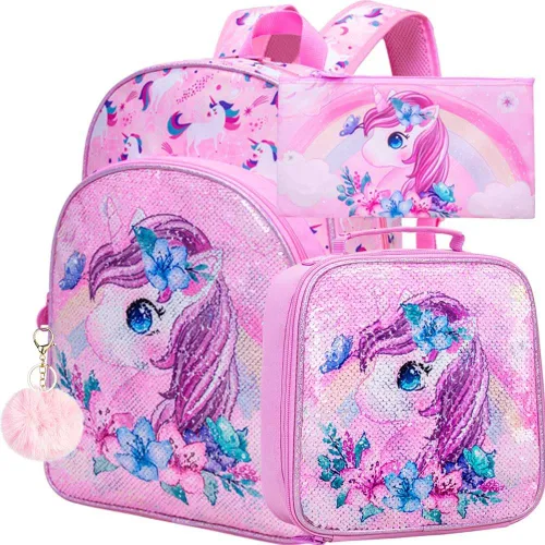 Vista 16 de KLFVB 3 mochilas de sirena de unicornio para niñas, bolsa de libros y lonchera de lentejuelas de 16 pulgadas, mochilas preescolares para primaria