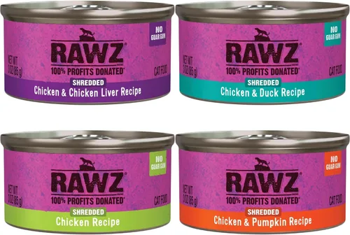 Vista 2 de Rawz Natural Premium - Alimento húmedo enlatado para gatos triturado, paquete de 12 variedades de pollo, 4 sabores