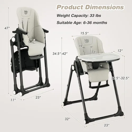 Vista 7 de BABY JOY Silla alta para bebés y niños pequeños, silla alta plegable con respaldo/reposapiés/altura del asiento, bandejas dobles extraíbles, cojín