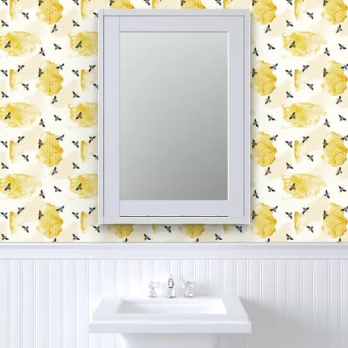 Vista 9 de Spoonflower Papel tapiz autoadhesivo de 3 x 2 pies – Abeja verano jardín acuarela miel oro negro nido de abeja insectos colmena abeja abejas papel