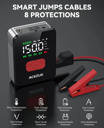 Vista 5 de Arrancador de salto con compresor de aire, 8000A 150PSI arrancador de coche portátil, paquete de arranque de 12 V (todo a gas/12L diesel)