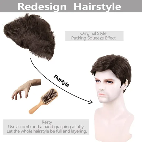 Vista 7 de Creamily - Peluca corta marrón para hombres, cabello rizado en capas de Corto - Marrón