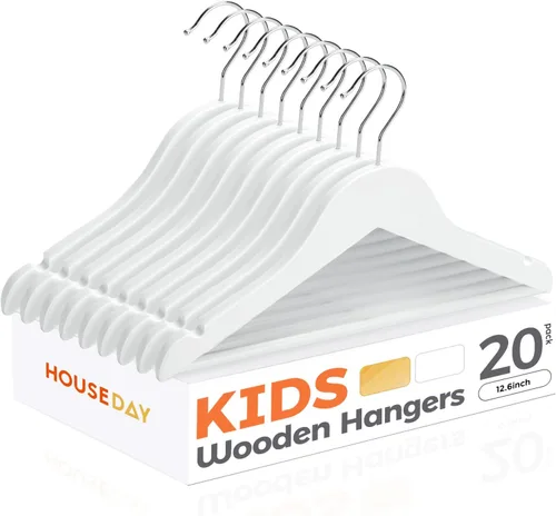 Vista 10 de HOUSE DAY Perchas de madera para el armario, paquete de 20 perchas de madera para ropa de bebé, percha de madera resistente con barra antideslizante