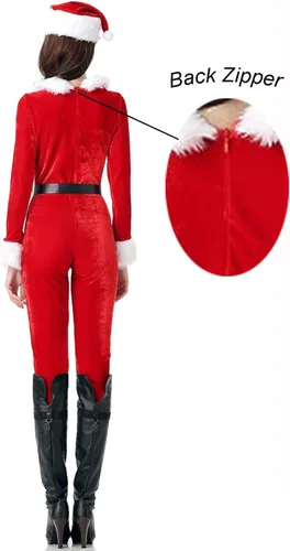 Vista 5 de GRAJTCIN Disfraz de Navidad para mujer, overol de Papá Noel, 3 piezas de terciopelo festivo con sombrero
