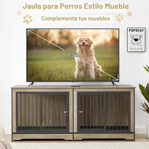 Vista 5 de Rovibek Mueble doble para perros de 75 pulgadas para 2 perros grandes, muebles resistentes, estilo jaulas para perros, mesa auxiliar, jaulas