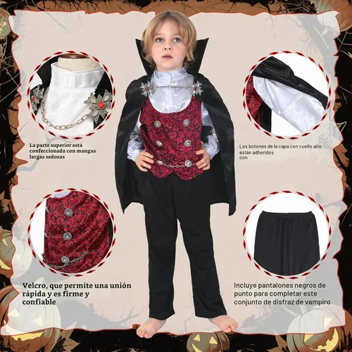 Vista 3 de Lingway Toys Kids Vampire of Darkness Costume,Boys Halloween Dress Up Negro/Rojo