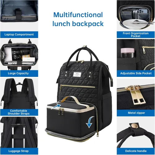 Vista 2 de ETRONIK Mochila de almuerzo para mujer, mochila para laptop de 15.6 pulgadas con puerto USB, mochila de trabajo para profesores y enfermeras