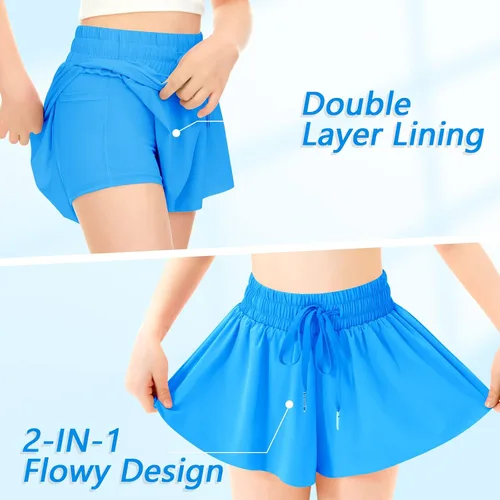 Vista 4 de QooNoo Girls Butterfly Shorts with Pocket Flowy Athletic Shorts High Waist Preppy Running Shorts for Kids Teen