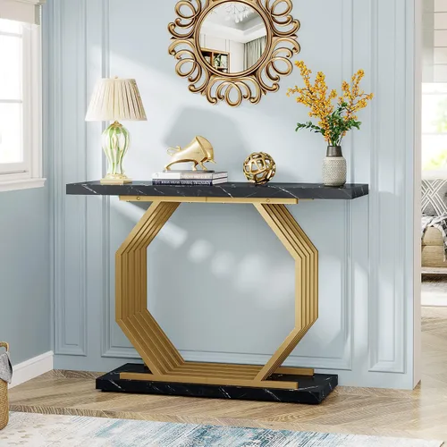 Vista 4 de LITTLE TREE Mesa consola dorada de 40 pulgadas, mesa de entrada de mármol sintético, mesa de sofá estrecha, mesa decorativa moderna para sala