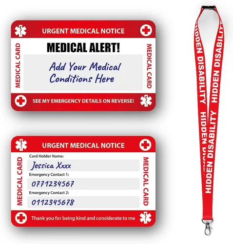 Vista 10 de Concientización de la tarjeta médica con panel grabable y cordón modelado, tarjeta de PVC de contacto de emergencia (Demencia)