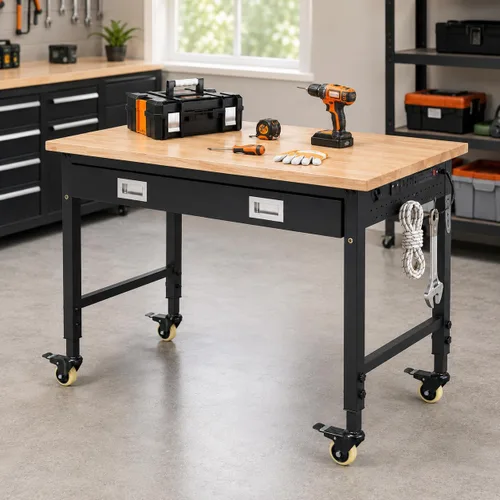 Vista 2 de Banco de trabajo ajustable resistente de 48 x 24 x 1.2 pulgadas con parte superior de madera de goma, almacenamiento de cajones, tira