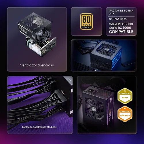 Vista 2 de Cooler Master MWE Gold 850 V2 PSU Full Modular, 850W, 80+ Gold, Diseñado para Nvidia RTX 5080 AMD RX 9070 XT, 2 Conectores EPS, Ventilador HDB