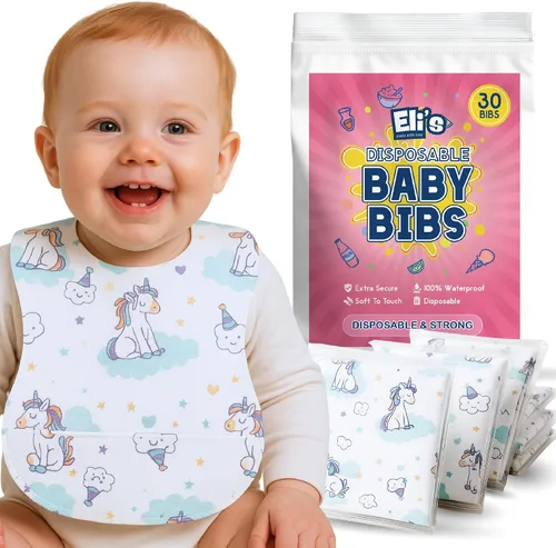 Vista 9 de Eli with Love Disposable Bibs Individually Wrapped Bib with Crumb Catcher - Waterproof Baby Bibs For Feeding