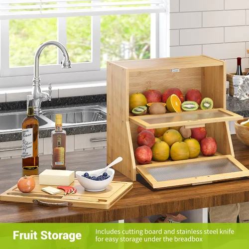 Vista 5 de BMOSU Panera grande de doble capa con tabla de cortar para encimera de cocina, panera con ventana de vidrio esmerilado de bambú (natural)