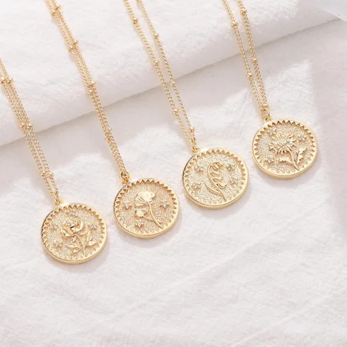 Vista 5 de Collar de moneda de flor de nacimiento en capas para mujer, chapado en oro de 18 quilates, doble capa, grabado floral, collar delicado con dije
