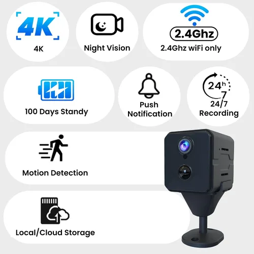 Vista 2 de javiscam Mini cámara, cámara de niñera HD 4K para el hogar con batería más larga, detección de movimiento, control de aplicaciones, almacenamiento