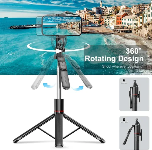 Vista 4 de Trípode con palo selfie de 67 pulgadas para iPhone con control remoto, soporte para teléfono y tornillo de 1/4 de pulgada, trípode extensible